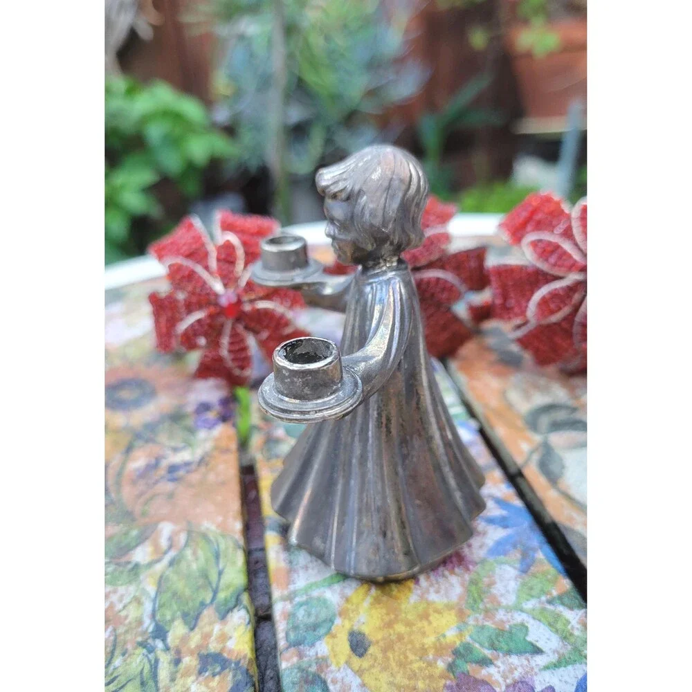 Silver Plate Pewter Choir Girl Angel Miniature Candle Holder Figurine Made in It